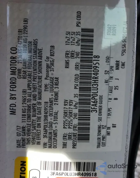 2017 Ford Fusion Se Hybrid from USA, damaged, VIN 3FA6P0LU3HR409518